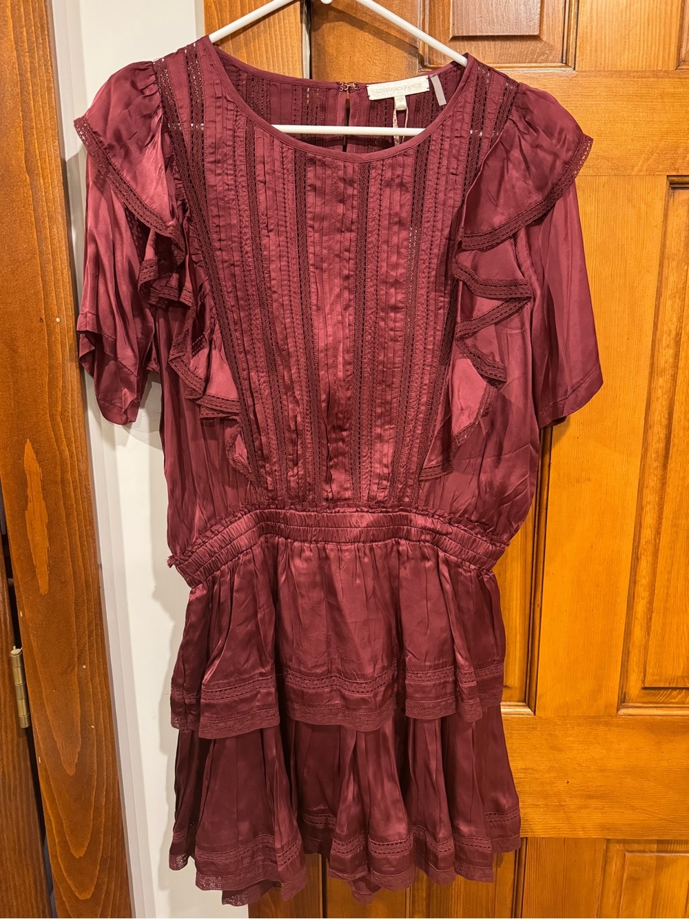 LoveShackFancy Wine Ruffle-Trim Mini Dress
